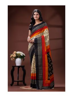 Boveee - Pure Malmal Cotton Saree With Unstitched Blouse Newspaper And Typography Print - Multi-Color