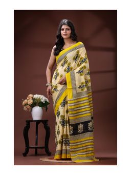 Boveee - Pure Malmal Cotton Saree With Unstitched Blouse In Yellow Buti With Contrast Border