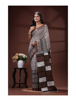 Boveee - Coffee Brown Pure Malmal Cotton Saree With Unstitched Blouse Batik Print With Block Pallu