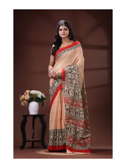 Boveee - Cream Pure Malmal Cotton Handblock Kalamkari Saree With Unstitched Blouse