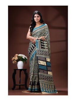 Boveee - Teal Blue Pure Malmal Cotton Mandala Print With Block Pallu Saree With Unstitched Blouse