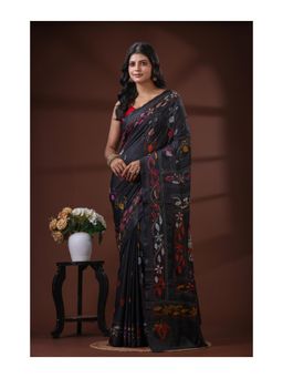 Boveee - Jet Black Pure Silk Kantha Stitch Saree With Unstitched Blouse Floral Hand-Embroidery
