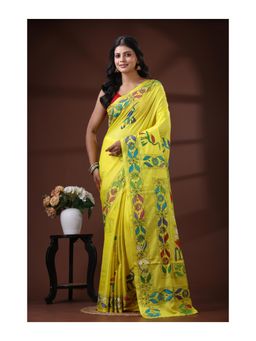 Boveee - Yellow Bangalore Silk Kantha-Stitch Saree With Unstitched Blouse and Nakshi Pallu