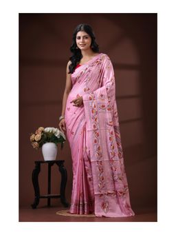 Boveee - Pastel Pink Bangalore Silk Kantha Stitch Saree With Unstitched Blouse Hand-Embroidered Fish