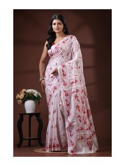 Boveee - Pristine White/Red Bangalore Silk Kantha Stitch Saree With Unstitched Blouse - Multi-Color