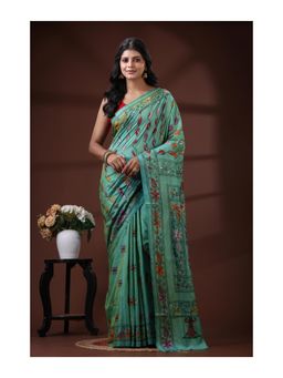 Boveee - Seafoam Green Bangalore Silk Kantha Stitch Saree With Unstitched Blouse Nakshi Pallu