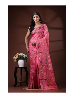 Boveee - Deep Rose Pink Bangalore Silk Kantha Stitch Saree With Unstitched Blouse Buti