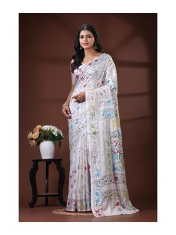 Boveee - White Bangalore Silk Kantha Stitch Saree With Unstitched Blouse Dancing Gopi Pallu