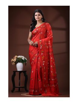 Boveee - Vibrant Red Bangalore Silk Kantha Stitch Saree With Unstitched Blouse