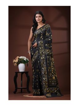 Boveee - Bangalore Silk Kantha Stitch Saree With Unstitched Blouse