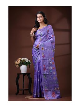 Boveee - Purple Bangalore Silk Kantha Stitch Saree With Unstitched Blouse Intricate Mandala Pallu