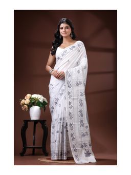 Boveee - Pristine White Bangalore Silk Kantha Stitch Saree With Unstitched Blouse
