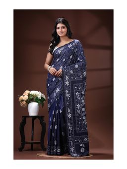 Boveee - Navy Blue Bangalore Silk Kantha Stitch Saree With Unstitched Blouse Traditional Nakshi Pallu