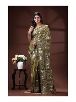 Boveee - Olive Green Bangalore Silk Kantha Stitch Saree With Unstitched Blouse Intricate Nakshi