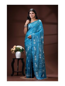 Boveee - Turquoise Blue Bangalore Silk Kantha Stitched Saree With Unstitched Blouse White Floral