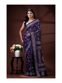 Boveee - Royal Purple Bangalore Silk Kantha Stitched Saree With Unstitched Blouse Silver Paisley