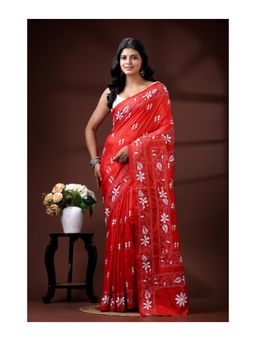 Boveee - Vibrant Red Bangalore Silk Kantha Stitched Saree With Unstitched Blouse White Floral