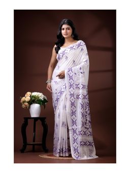 Boveee - Pure White Bangalore Silk Kantha Stitched Saree With Unstitched Blouse Lavender Floral