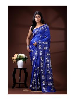 Boveee - Royal Blue Bangalore Silk Kantha Stitched Saree With Unstitched Blouse