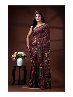 Boveee - Coffee Brown Bangalore Silk Kantha Stitch Saree With Unstitched Blouse
