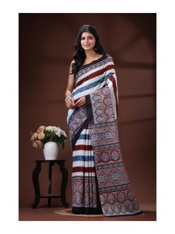 Boveee - Earthy Multicolor Malmal Cotton Saree With Unstitched Blouse Block-Print Style Borders