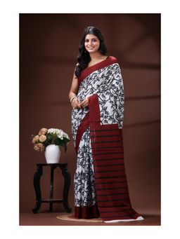 Boveee - Monochrome Malmal Cotton Saree With Unstitched Blouse Leaf Prints And Striped Pallu