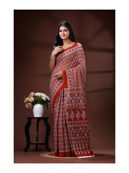 Boveee - Pure Malmal Cotton Saree With Unstitched Blouse All-Over Traditional Hand-Block Prints - Red