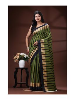 Boveee - Olive Striped Malmal Cotton Saree With Unstitched Blouse Bold Borders - Green