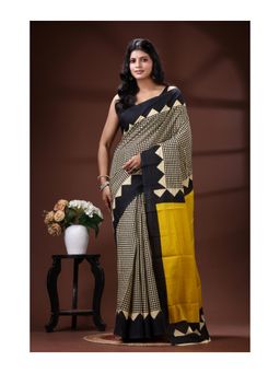 Boveee - Bold Malmal Cotton Saree With Unstitched Blouse In Block Borders - Multi-Color