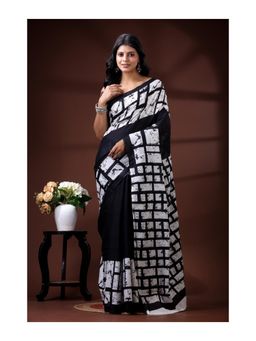 Boveee - Monochrome Grid Malmal Cotton Saree With Unstitched Blouse Bold Prints - Multi-Color