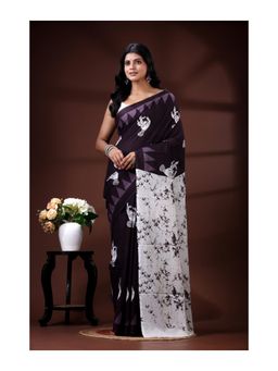 Boveee - Deep Wine Malmal Cotton Saree With Unstitched Blouse White Bird And Temple Block Prints