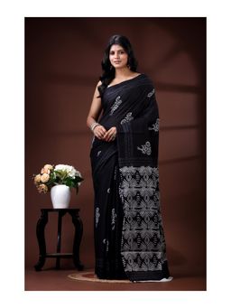 Boveee - Jet Black Pure Malmal Cotton Saree With Unstitched Blouse Butis & Ornate Pallu