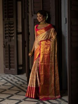 Suha - Women Kanjivaram Katan Silk Saree With Unstitched Blouse Zari Work - Multi-Color