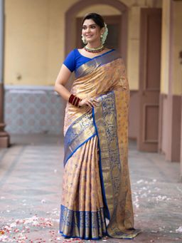 Suha - Women Kanjivaram Katan Silk Saree With Unstitched Blouse Zari Work - Peach
