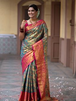 Suha - Women Kanjivaram Katan Silk Saree With Unstitched Blouse Zari Work - Green