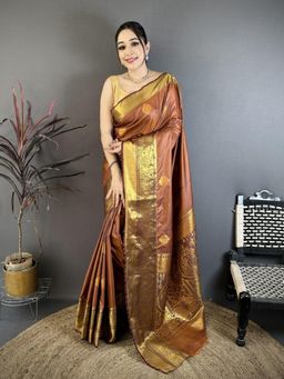 Suha - Women Kanjivaram Katan Silk Saree With Unstitched Blouse Zari Work - Brown