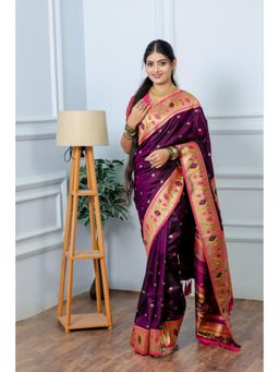 Suha - Women Paithani Pure Soft Silk Saree With Unstitched Blouse - Purple