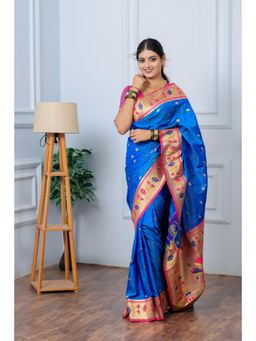 Suha - Women Paithani Pure Soft Silk Saree With Unstitched Blouse - Blue