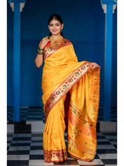 Suha - Women Paithani Pure Soft Silk Saree With Unstitched Blouse - Yellow