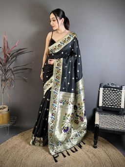 Suha - Women Paithani Soft Silk Saree With Unstitched Blouse - Black