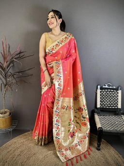 Suha - Women Paithani Soft Silk Saree With Unstitched Blouse - Coral