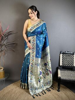 Suha - Women Paithani Soft Silk Saree With Unstitched Blouse - Teal