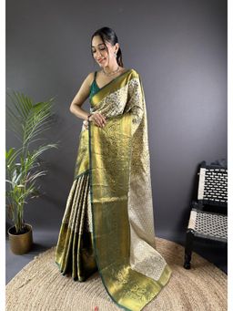 Suha - Kanjivaram Tissue Silk Saree With Unstitched Blouse Peacock Zari Work - Green