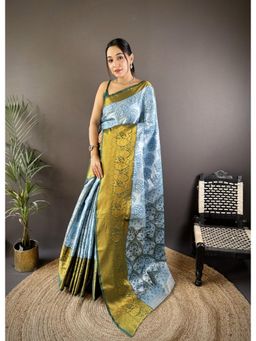 Suha - Kanjivaram Tissue Silk Saree With Unstitched Blouse Peacock Zari Work - Blue