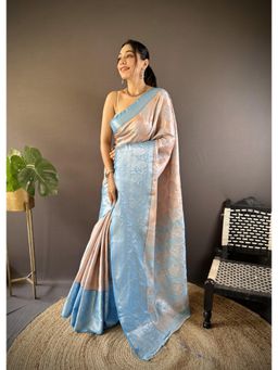 Suha - Kanjivaram Tissue Silk Saree With Unstitched Blouse Peacock Zari Work - Peach