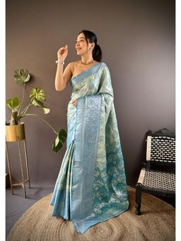 Suha - Kanjivaram Tissue Silk Saree With Unstitched Blouse Peacock Zari Work - Teal
