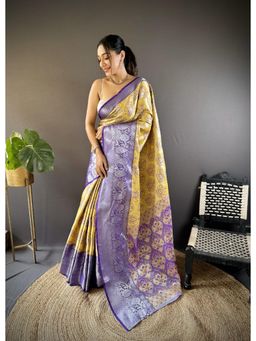 Suha - Kanjivaram Tissue Silk Saree With Unstitched Blouse Peacock Zari Work - Yellow