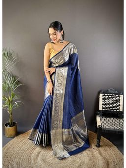 Suha - Banarasi Saree With Unstitched Blouse Zari Work Saree With Unstitched Blouse - Navy Blue