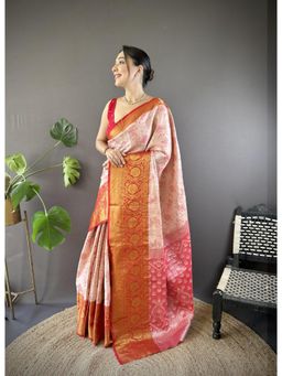 Suha - Kanjivaram Tissue Silk Saree With Unstitched Blouse With Unstitched Blouse Zari Work - Peach