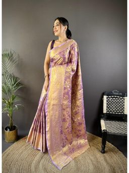 Suha - Kanjivaram Tissue Silk Saree With Unstitched Blouse With Unstitched Blouse Zari Work - Purple